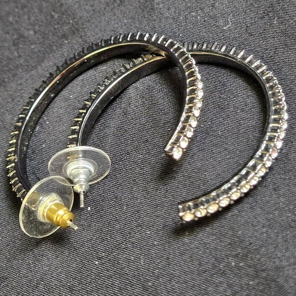 Sparkling Rhinestone Hoop Earrings Smokey Silver Tone Crystal Pave Round Hoops - Picture 4 of 6